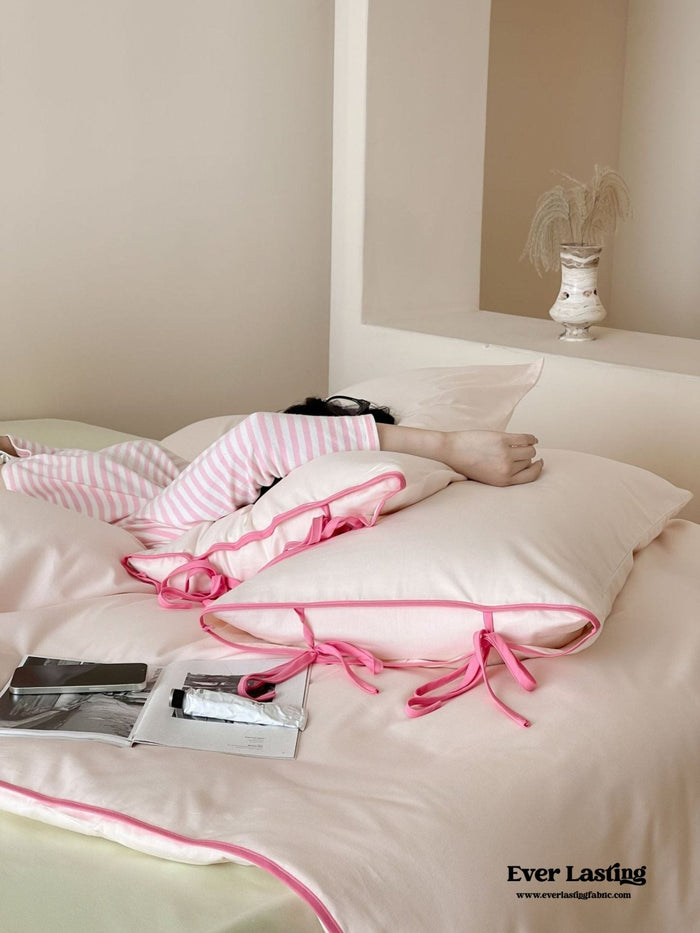 Chloe Minimalist Solid Tie Cotton Bedding Set / Pink with Barbie Pink Ties - Ever Lasting