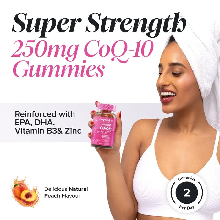 A smiling woman with a towel wrapped around her hair holds a bottle of Novomins Co-Q10 Gummies, headed 'Super Strength 250mg CoQ-10 Gummies' reinforced with EPA, DHA, vitamin B3 and zinc, in a natural peach flavour with two gummies per day.