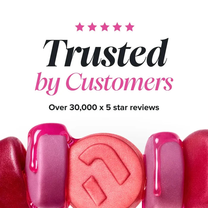 A row of glossy pink and red gummies with dripping syrup, beneath a five star rating and the heading 'Trusted by Customers, over 30,000 x 5 star reviews'.