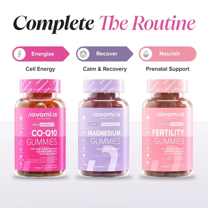 Three bottles headed 'Complete The Routine' - Co-Q10 Gummies labelled Energise for cell energy, Magnesium Gummies labelled Recover for calm and recovery, and Fertility Gummies labelled Nourish for prenatal support.