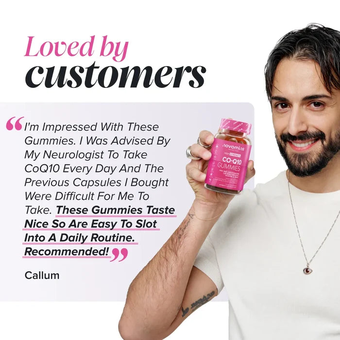 A smiling man with a beard holds a bottle of Novomins Co-Q10 Gummies beside a review from Callum headed 'Loved by customers': 'I'm impressed with these gummies. I was advised by my neurologist to take CoQ10 every day and the previous capsules I bought were difficult for me to take. These gummies taste nice so are easy to slot into a daily routine. Recommended!'