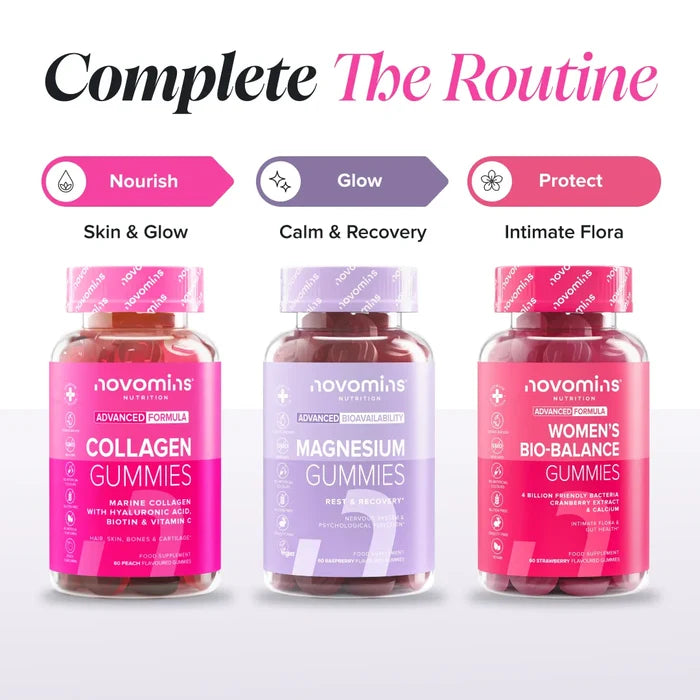 Three bottles headed 'Complete The Routine' - Collagen Gummies labelled Nourish for skin and glow, Magnesium Gummies labelled Glow for calm and recovery, and Women's Bio-Balance Gummies labelled Protect for intimate flora.
