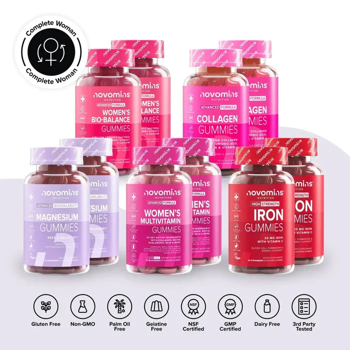 Six bottles from the Complete Woman bundle arranged on a lilac background - Women's Bio-Balance, Collagen, Magnesium, Women's Multivitamin and Iron Gummies - with a Complete Woman badge and icons for gluten free, non-GMO, palm oil free, gelatine free, NSF certified, GMP certified, dairy free and third party tested.