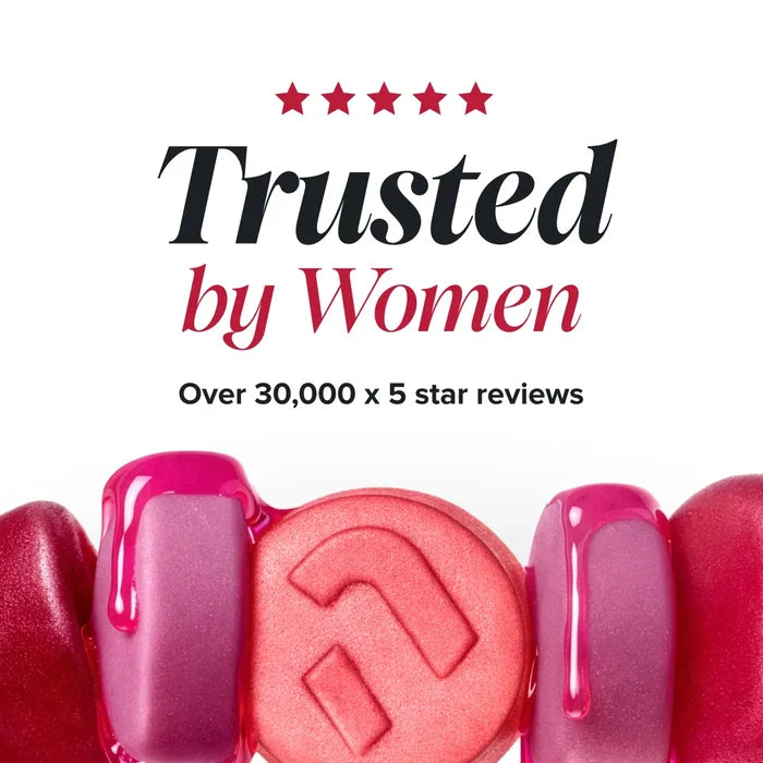 A row of glossy pink and red gummies with dripping syrup, beneath a five star rating and the heading 'Trusted by Women, over 30,000 x 5 star reviews'.