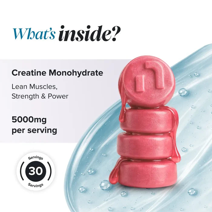 Graphic headed 'What's inside?' beside a stack of red gummies on a blue gel background, listing creatine monohydrate for lean muscles, strength and power at 5000 mg per serving, with a 30 servings badge.