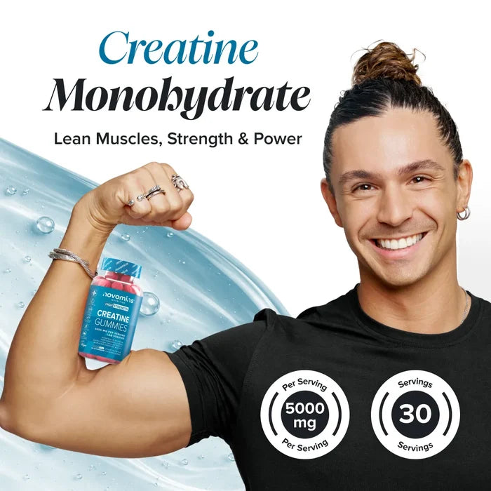 A smiling man flexing his bicep holds a bottle of Novomins Creatine Gummies, under the heading 'Creatine Monohydrate, lean muscles, strength & power', with badges for 5000 mg per serving and 30 servings.