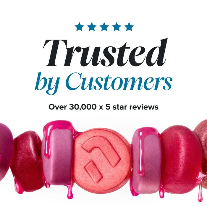 A row of glossy pink and red creatine gummies with dripping syrup, beneath a five star rating and the heading 'Trusted by Customers, over 30,000 x 5 star reviews'.