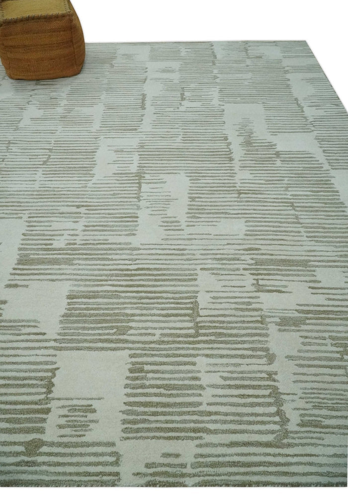 Custom Made Ivory and Olive Modern Stripes Design Hand Tufted wool Area Rug, Kids, Living Room and Bedroom Rug - The Rug Decor