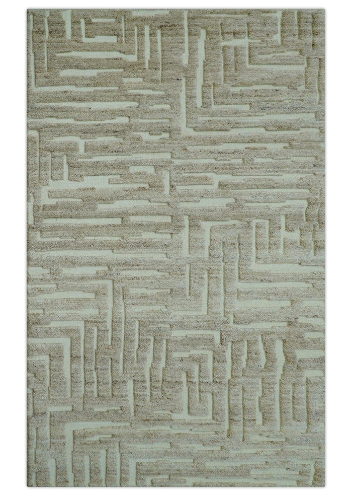 Custom Made Modern Contemporary Beige Hand Knotted Wool Area Rug - The Rug Decor