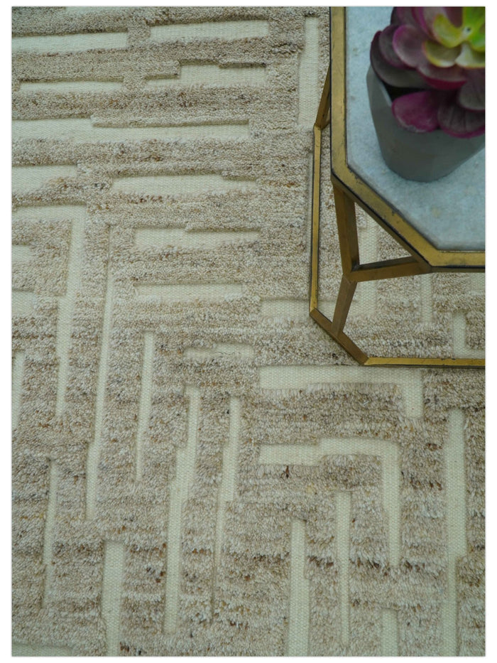 Custom Made Modern Contemporary Beige Hand Knotted Wool Area Rug - The Rug Decor
