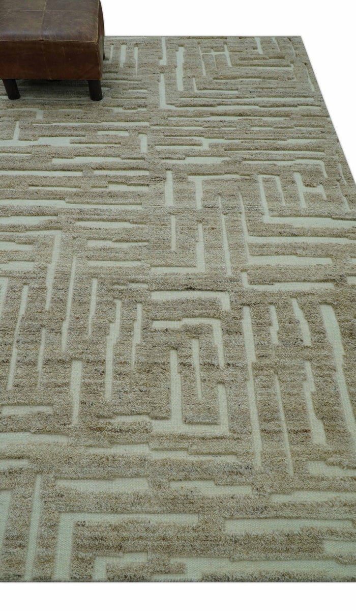 Custom Made Modern Contemporary Beige Hand Knotted Wool Area Rug - The Rug Decor