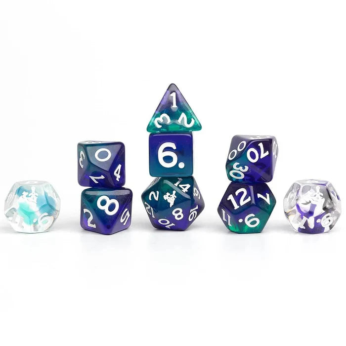 Sirius Dice Daggerheart duality dice set with purple and teal colors and white numbers