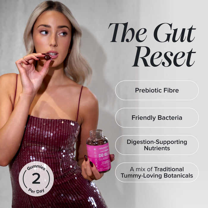 A woman in a sequined burgundy dress holds a bottle of gut reset gummies next to a text panel describing the benefits: prebiotic fibre, friendly bacteria, digestion-supporting nutrients, and a mix of traditional tummy-loving botanicals.