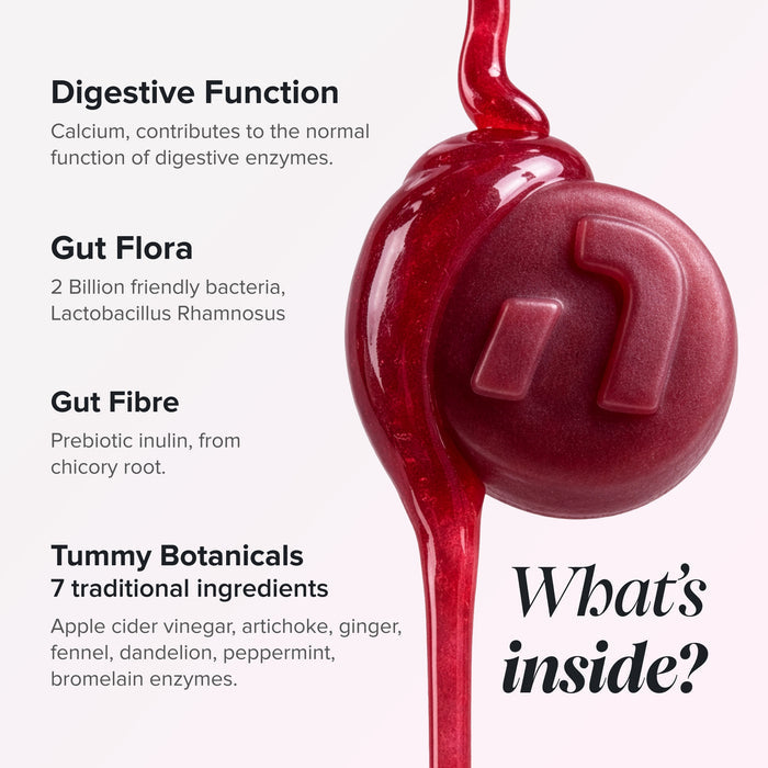 An informational product graphic showing a glossy dark red round supplement capsule or gummy with a stylized 'n' embossed on it, alongside text describing digestive benefits and ingredients. The background is a very light pinkish-white, and the product is shown as a clean graphic rather than in a real environment.