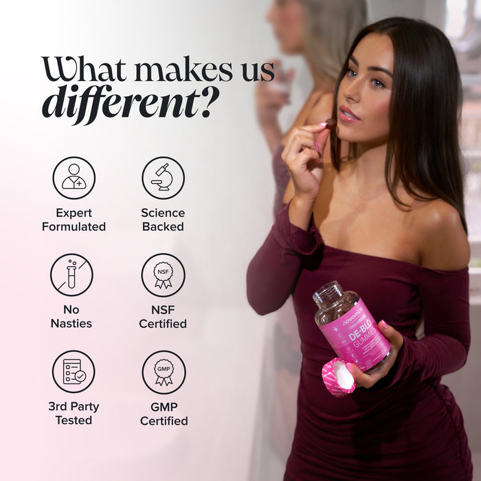 A woman in a burgundy off-the-shoulder dress holds a bottle of pink dietary supplements while standing next to a white background with promotional text and icons about product quality and certifications.