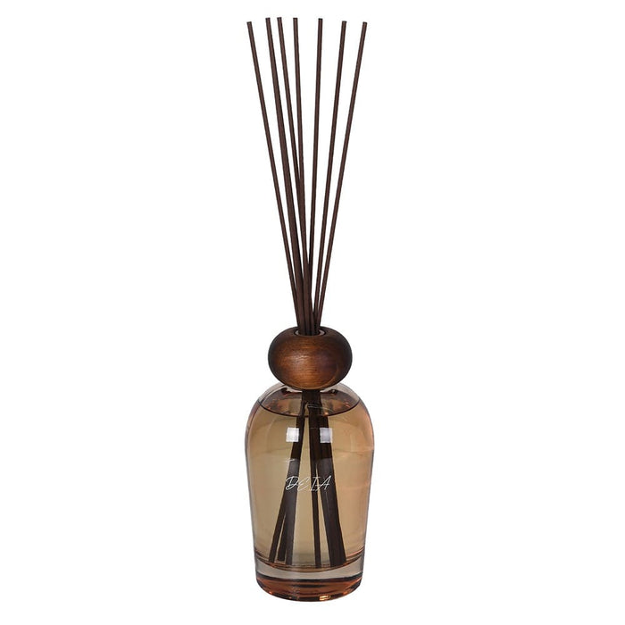 Diffuser bottle with wooden cap and sticks on a white background