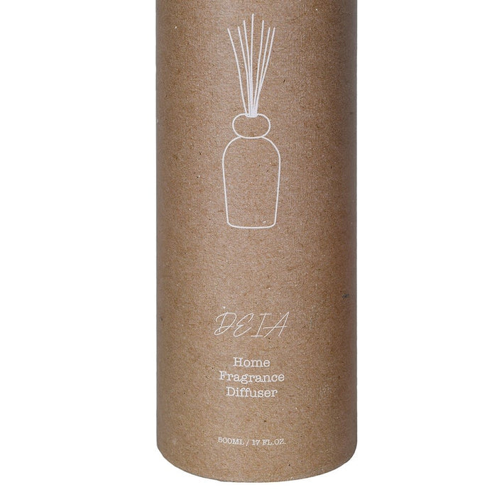 A brown kraft paper cylindrical package for a reed diffuser, featuring a white line drawing of a diffuser bottle with reeds and the text 'DIA Home Fragrance Diffuser' on a plain white background.