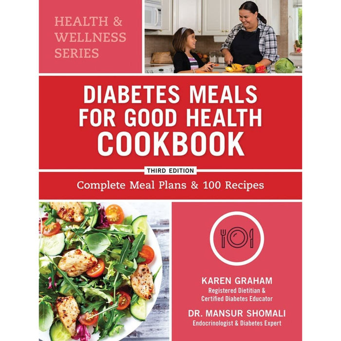 Cookbook cover titled 'Diabetes Meals for Good Health Cookbook' with images of food and people in a kitchen.