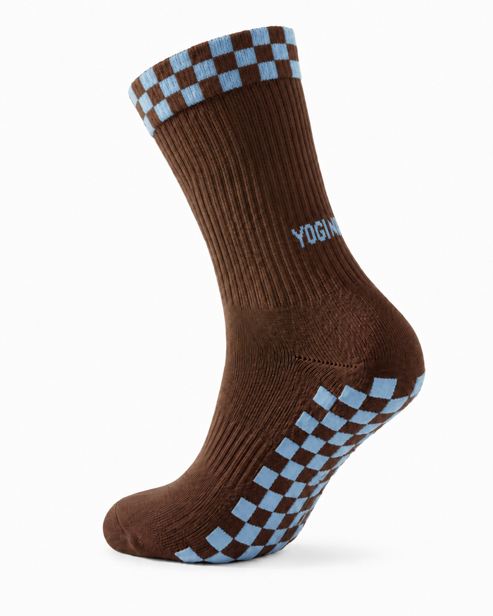 Eco Bamboo Pilates Grip Socks - Baby Blue Block On Chocolate