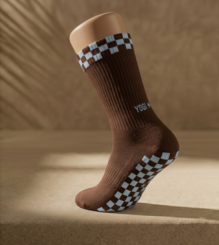 Eco Bamboo Pilates Grip Socks - Baby Blue Block On Chocolate
