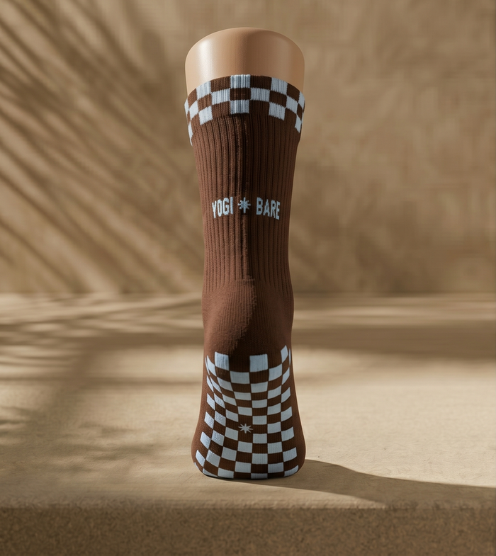 Eco Bamboo Pilates Grip Socks - Baby Blue Block On Chocolate