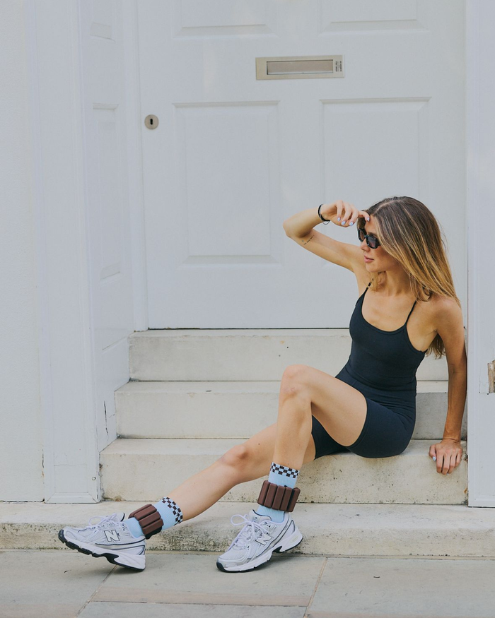 Eco Bamboo Pilates Grip Socks - Baby Blue Block On Chocolate