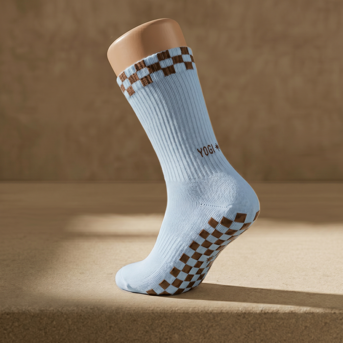 Eco Bamboo Pilates Grip Socks - Chocolate Block on Baby Blue