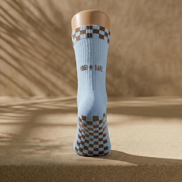 Eco Bamboo Pilates Grip Socks - Chocolate Block on Baby Blue