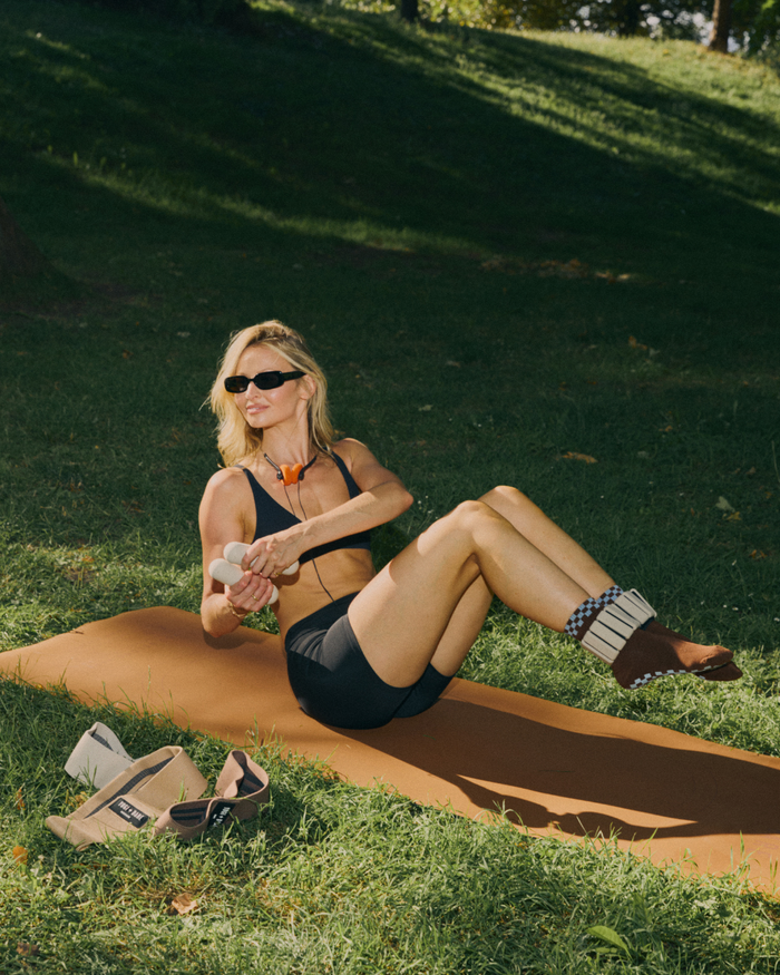 Eco Bamboo Pilates Grip Socks - Chocolate Block on Baby Blue