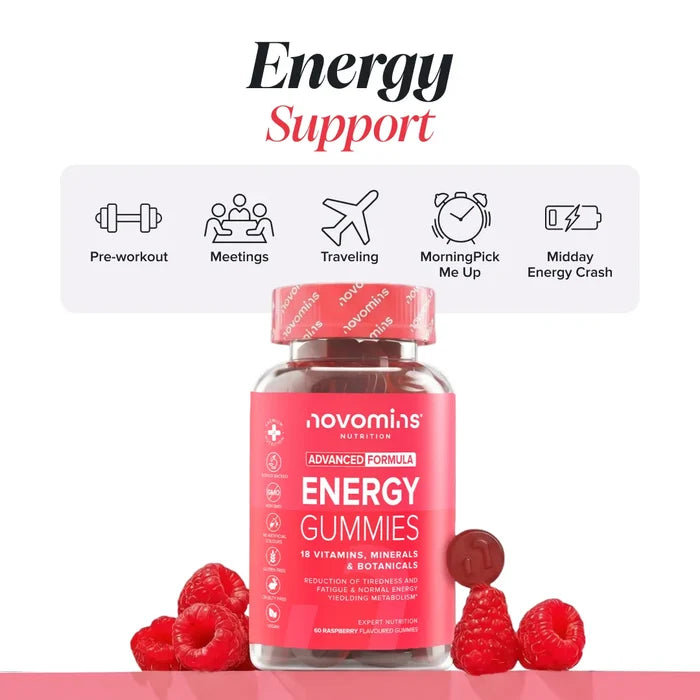 A bottle of Novomins Energy Gummies among fresh raspberries, headed 'Energy Support' with icons for pre-workout, meetings, travelling, a morning pick me up and midday energy crash. The label reads 18 vitamins, minerals and botanicals, 60 raspberry flavoured gummies.