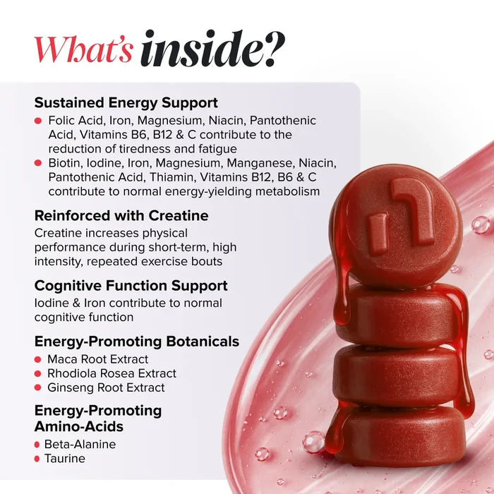 Graphic headed 'What's inside?' beside a stack of glossy dark red gummies, listing sustained energy support from folic acid, iron, magnesium, niacin, pantothenic acid and vitamins B6, B12 and C, creatine for physical performance during short-term high intensity exercise, iodine and iron for cognitive function, energy-promoting botanicals maca root, rhodiola rosea and ginseng root extracts, and amino acids beta-alanine and taurine.