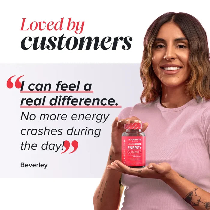 A smiling woman in a pink top holds a bottle of Novomins Energy Gummies beside a review from Beverley headed 'Loved by customers': 'I can feel a real difference. No more energy crashes during the day!'