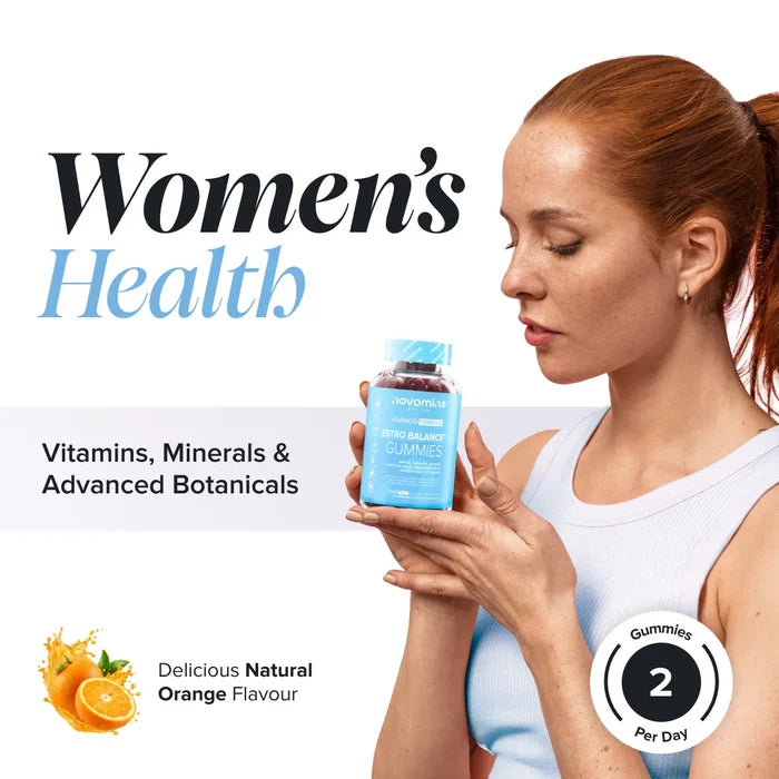 A woman with red hair in a pale blue vest holds a bottle of Novomins Estro Balance Gummies, headed 'Women's Health' with vitamins, minerals and advanced botanicals, natural orange flavour and two gummies per day.