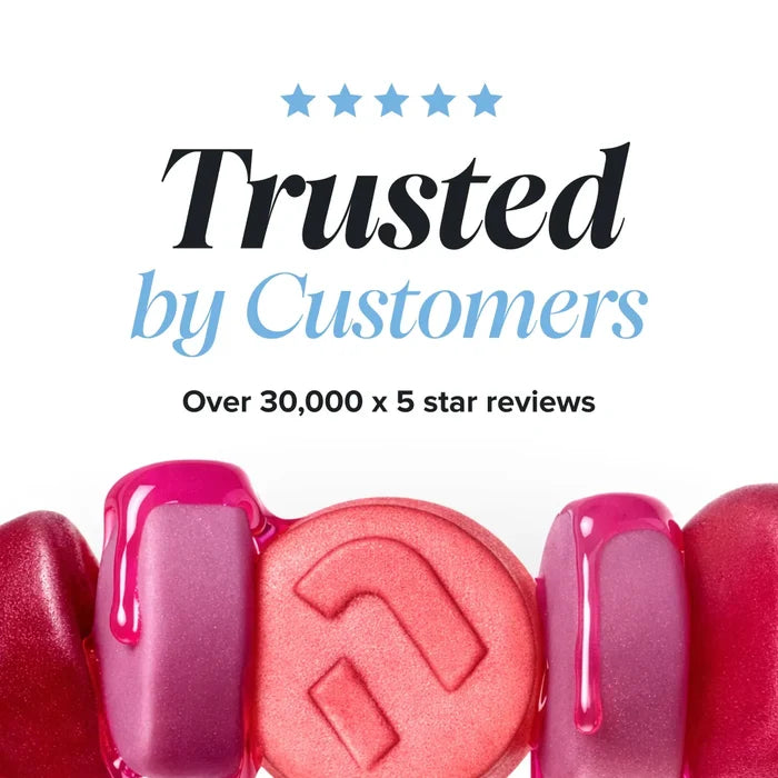 A row of glossy pink and red gummies with dripping syrup, beneath a five star rating and the heading 'Trusted by Customers, over 30,000 x 5 star reviews'.
