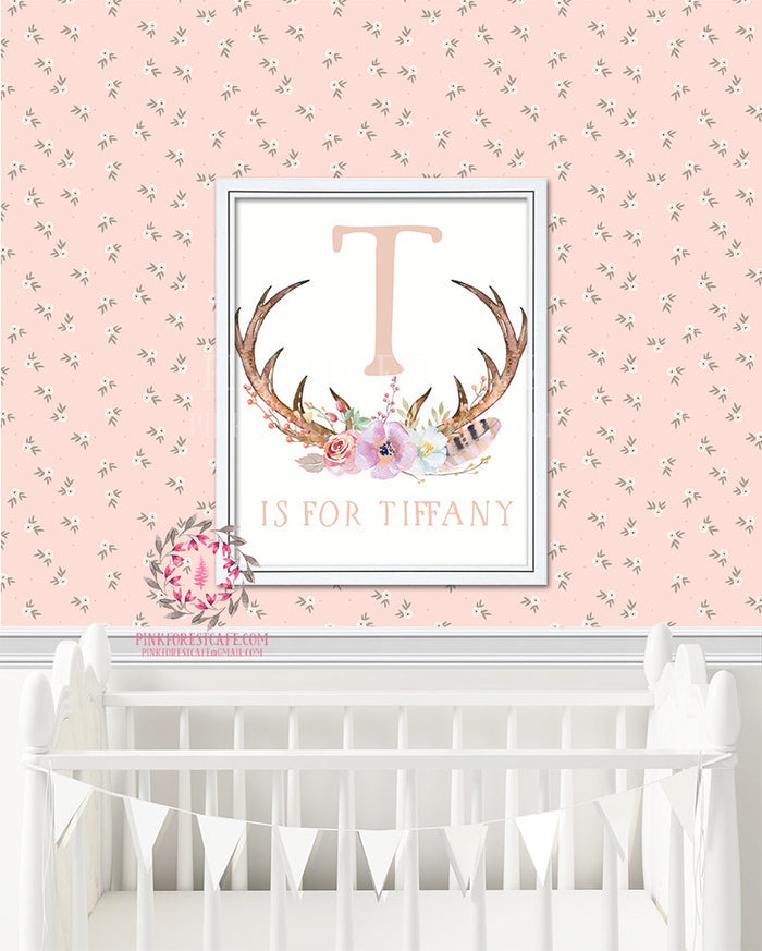 Ethereal Boho Shabby Chic Baby Name Wall Art Print Nursery Personalized Watercolor Floral Printable Decor