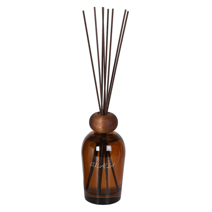 Brown diffuser bottle with wooden cap and sticks on a white background