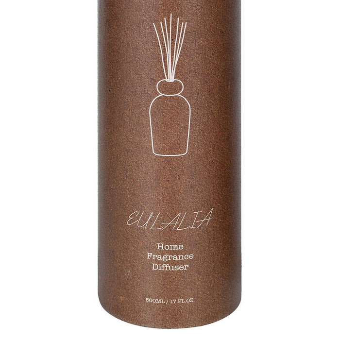 A cylindrical brown diffuser container with a white line drawing of a reed diffuser and the text 'EULALIA Home Fragrance Diffuser' on a plain white background.