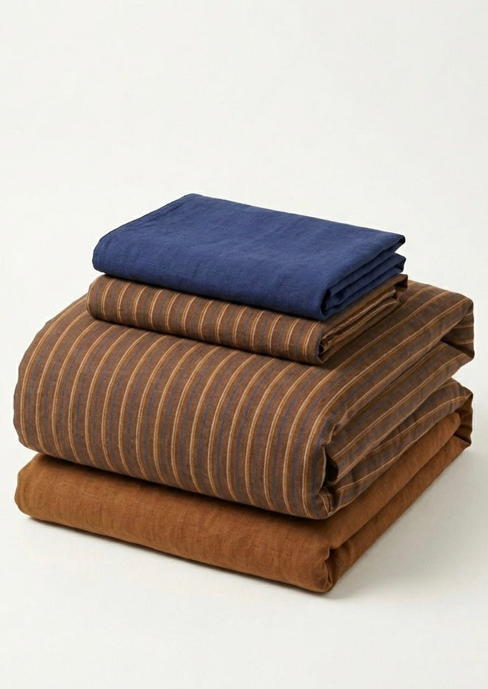 - Ever Lasting - Everly Striped Washed Cotton Bedding Set / Brown - Bedding Set - Ever Lasting