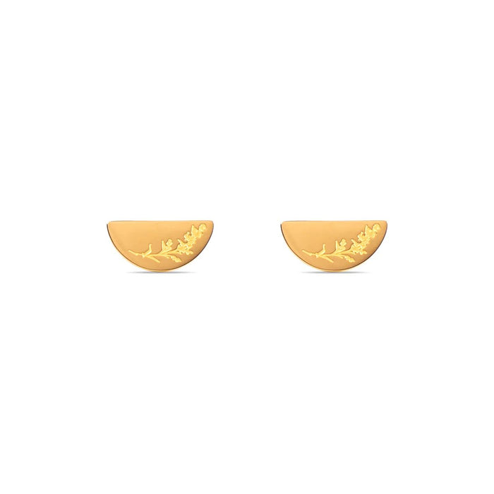 Gold earrings with floral design on a white background