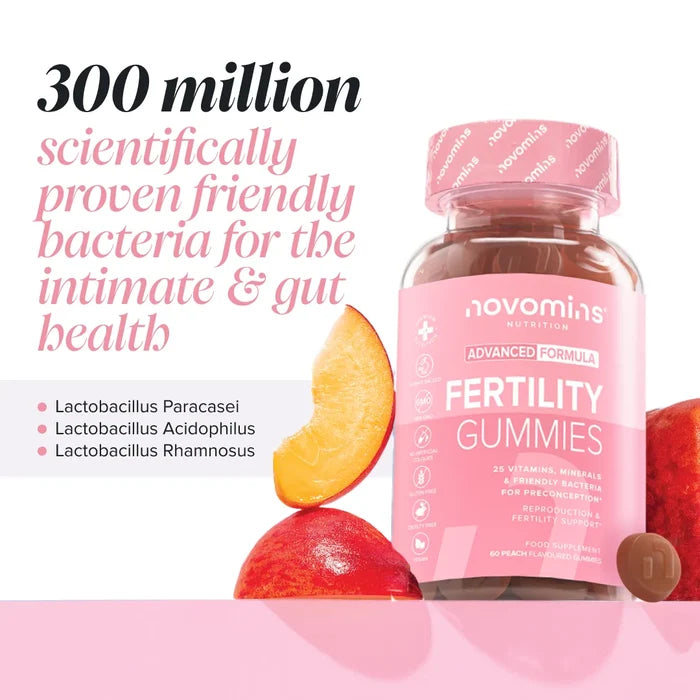 A bottle of Novomins Fertility Gummies among fresh peach slices, headed '300 million scientifically proven friendly bacteria for the intimate and gut health', listing Lactobacillus paracasei, Lactobacillus acidophilus and Lactobacillus rhamnosus.