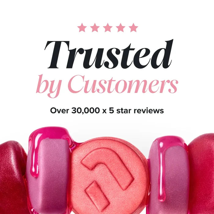 A row of glossy pink and red gummies with dripping syrup, beneath a five star rating and the heading 'Trusted by Customers, over 30,000 x 5 star reviews'.