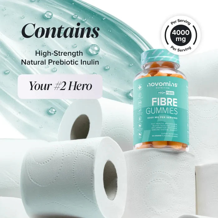 A bottle of Novomins Fibre Gummies resting among toilet rolls, headed 'Contains High-Strength Natural Prebiotic Inulin' and labelled 'Your #2 Hero', with a 4000 mg per serving badge.