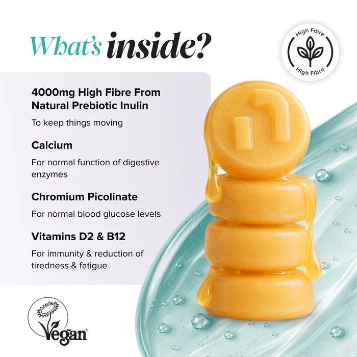 Graphic headed 'What's inside?' with a Vegan Society logo and a high fibre badge, beside a stack of glossy orange gummies, listing 4000 mg high fibre from natural prebiotic inulin to keep things moving, calcium for normal function of digestive enzymes, chromium picolinate for normal blood glucose levels, and vitamins D2 and B12 for immunity and reduction of tiredness and fatigue.