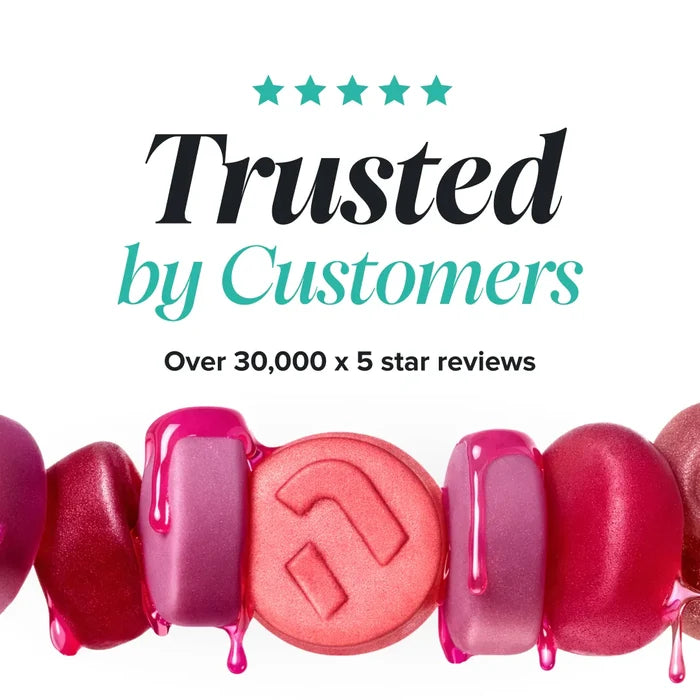 A row of glossy pink and red gummies with dripping syrup, beneath a five star rating and the heading 'Trusted by Customers, over 30,000 x 5 star reviews'.