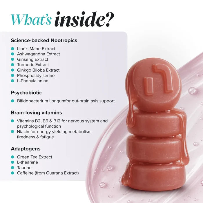 Graphic headed 'What's inside?' beside a stack of glossy pink-brown gummies, listing science-backed nootropics lion's mane, ashwagandha, ginseng, turmeric and ginkgo biloba extracts plus phosphatidylserine and L-phenylalanine, the psychobiotic Bifidobacterium longum for gut-brain axis support, brain-loving vitamins B2, B6 and B12 and niacin, and adaptogens green tea extract, L-theanine, taurine and caffeine from guarana extract.