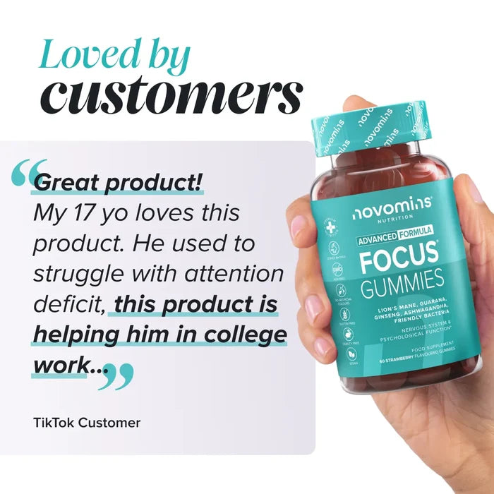 A hand holding a bottle of Novomins Focus Gummies beside a TikTok customer review headed 'Loved by customers': 'Great product! My 17 yo loves this product. He used to struggle with attention deficit, this product is helping him in college work.'