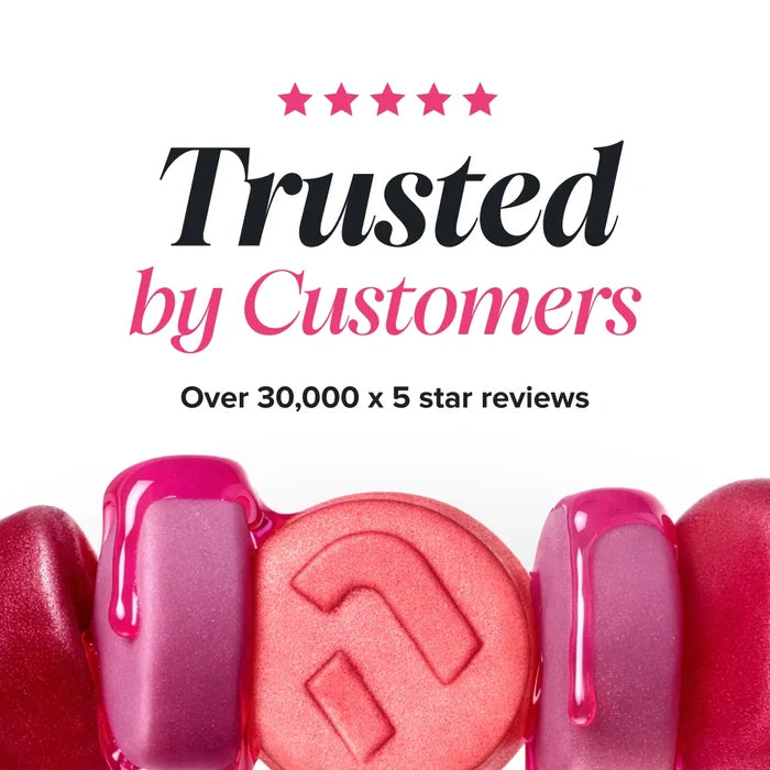 A row of glossy pink and red gummies with dripping syrup, beneath a five star rating and the heading 'Trusted by Customers, over 30,000 x 5 star reviews'.