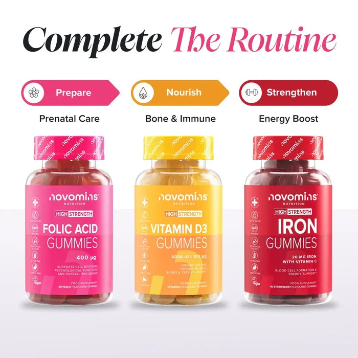 Three bottles headed 'Complete The Routine' - Folic Acid Gummies labelled Prepare for prenatal care, Vitamin D3 Gummies labelled Nourish for bone and immune, and Iron Gummies labelled Strengthen for energy boost.