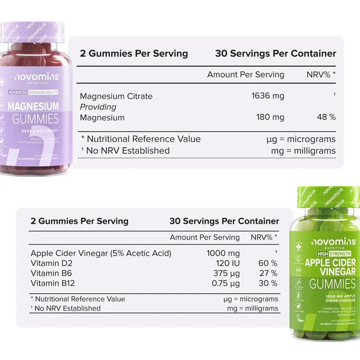 Two nutritional information tables with their bottles. Magnesium Gummies: two gummies per serving, 30 servings, magnesium citrate 1636 mg providing 180 mg magnesium. Apple Cider Vinegar Gummies: two gummies per serving, 30 servings, apple cider vinegar at 5% acetic acid 1000 mg, vitamin D2, vitamin B6 and vitamin B12.