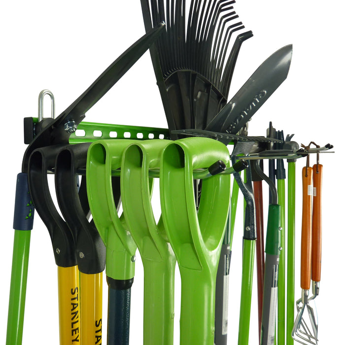 Garage wall organizer for garden tools shovels rakes and spades